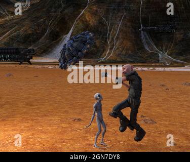 3d-Illustration eines Soldaten, der überrascht auf ein kleines ufo springt, während ein grauer Außerirdischer verwirrt auf einem desolaten Flugzeug aufschaut. Stockfoto