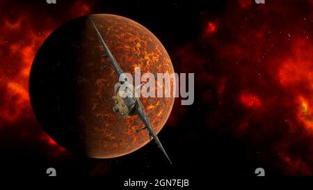 3d-Darstellung eines Raumschiffs, das von einem feurigen Planeten mit einem leuchtend roten Nebel im Hintergrund in den Tiefen des Weltraums fliegt. Stockfoto