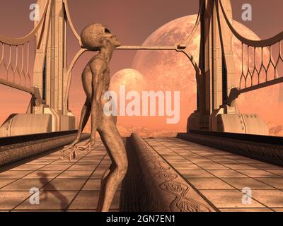 3d-Illustration eines grauen Aliens, der sich zurücklehnt, während er auf einem Gehweg einer fremden Welt aufschaut. Stockfoto