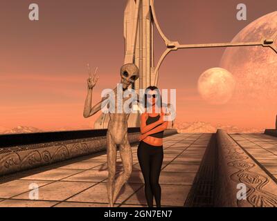 3d-Illustration eines grauen Aliens mit seinem Arm um eine menschliche Frau mit Sonnenbrille auf einem Gehweg einer fremden Welt. Stockfoto