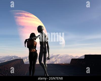 3d-Illustration eines grauen Aliens, der einen Arm über den Schultern einer menschlichen Frau hat, während er eine außerirdische Landschaft betrachtet. Stockfoto
