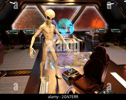 3d-Illustration eines grauen Aliens, der eine holografische Karte des Universums betrachtet und versucht herauszufinden, wo es sich befindet. Stockfoto