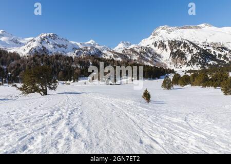 Landschaft mit viel Schnee auf Lukmanier im Tessin, auf den Schweizer alpen. Keine Leute drin Stockfoto