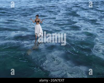 3d-Illustration einer schönen Frau, die ein Bikinioberteil und einen weißen Rock trägt, der knöcheltief im Wasser steht und die Hände überraschenderweise ausstreckt. Stockfoto