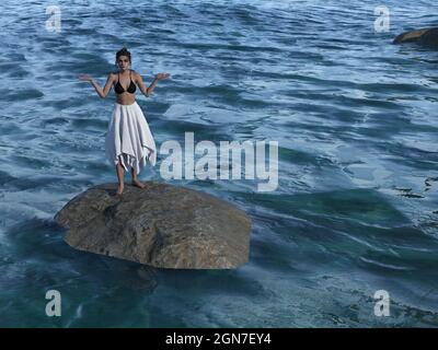 3d-Illustration einer schönen Frau, die ein Bikinitop und einen weißen Rock trägt und auf einem von Wasser umgebenen Felsbrocken steht, wobei die Hände in einer Geste von s nach außen reichen Stockfoto