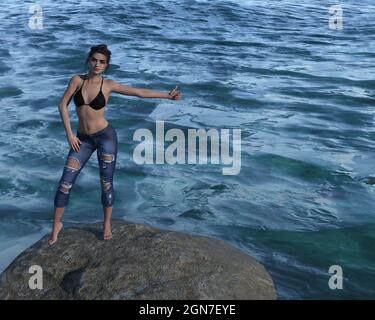 3d-Illustration einer schönen Frau, die ein Bikinitop und eine Jeans trägt und auf einem Felsblock steht, der von Wasser umgeben ist, mit einer Hand und einem Daumen, die beim Anhalten mithangen. Stockfoto