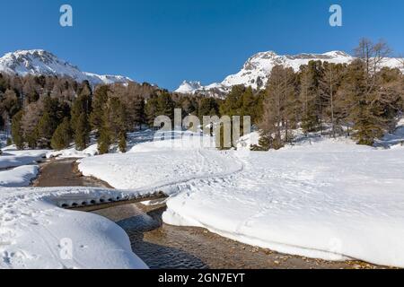 Panorama mit viel Schnee auf Lukmanier im Tessin, auf die Schweizer Alpen und ein romantischer Bach durch die Landschaft. Niemand drinnen Stockfoto