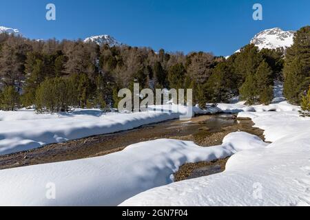 Panorama mit viel Schnee auf Lukmanier im Tessin, auf die Schweizer Alpen und ein romantischer Bach durch die Landschaft. Niemand drinnen Stockfoto