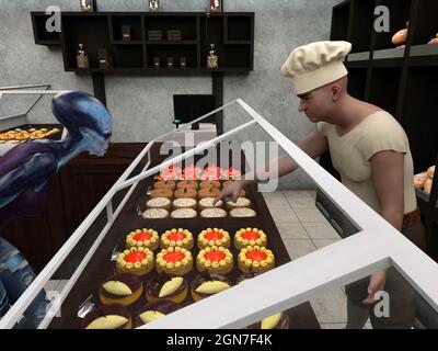 Ansicht schließen 3d-Abbildung eines Bäckers mit T-Shirt und weißem Hut, der auf ein Gebäck für einen fremden Kunden in einer Bäckerei zeigt. Stockfoto