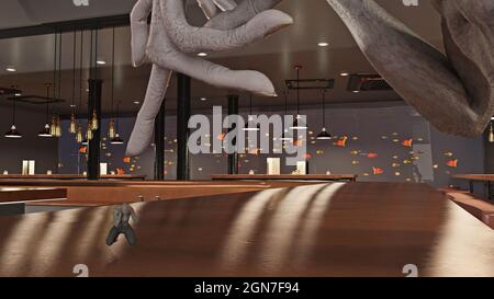 Nahansicht 3d-Illustration eines grauen Aliens, der mit einem Finger einen winzigen Außerirdischen in einer Bar im Inneren anstupst. Stockfoto