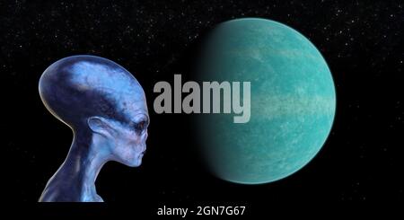 3d-Darstellung eines blauen Aliens mit einem länglichen Schädel im Weltraum mit einem Planeten und Sternen im Hintergrund. Stockfoto