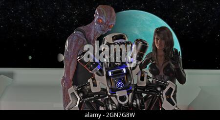3d-Darstellung einer Frau, die neben einem großen Alien steht und mit einem Roboter spricht, der einen blauen Planeten und einen Raum im Hintergrund hat. Stockfoto