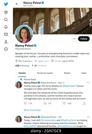 Twitter-Seite (September 2021) von Nancy Pelosi, Sprecherin des US-Repräsentantenhauses Stockfoto