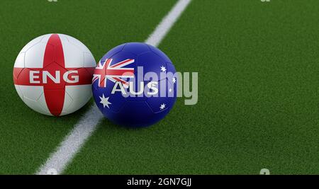 England gegen Australien Fußballspiel - Lederkugeln in England und Australien Nationalfarben. 3D-Rendering Stockfoto