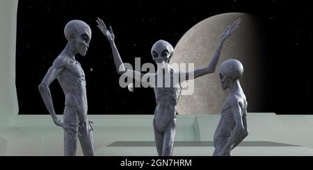 3d-Illustration einer Gruppe grauer Aliens, die in verschiedenen Posen in einem Raumschiff mit einem grauen Planeten und kleinen Monden miteinander sprechen Stockfoto
