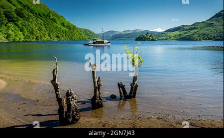 Entlang des West Highland Way in Schottland. Ein Blick auf Loch Lomond zeigt einige Baumstümpfe und ein altes Motorboot an einem sonnigen Tag Stockfoto