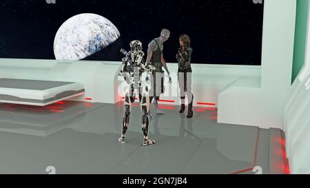 3d-Darstellung einer Frau, die neben einem großen Alien steht und mit einem Roboter mit Raum und einem Planeten durch ein Fenster im Hintergrund spricht. Stockfoto