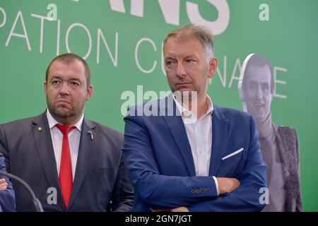 Guillaume Gomez, Präsident der Metropole Lyon Bruno Bernard, der an der Einweihung von Sirha 2021 in Lyon, Frankreich, am 23. September 2021 teilnahm. Foto von Julien Reynaud/APS-Medias/ABACAPRESS.COM Stockfoto