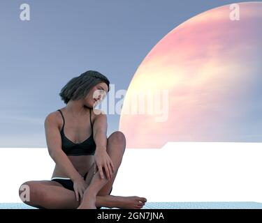 3d-Illustration einer schönen Frau, die auf einem harten Bett mit einem fremden Planeten im Hintergrund sitzt. Stockfoto