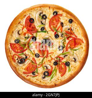 Isolierte Pizza mit Pilzen und Tomaten Stockfoto