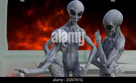 3d-Darstellung einer Gruppe grauer Aliens, die miteinander reden, wobei einer die Arme in einem Raumschiff mit einem leuchtend roten Nebel im b ausgestreckt hat Stockfoto