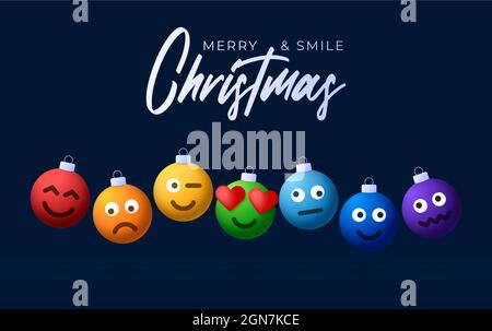 Frohe weihnachten Regenbogen Kugeln mit niedlichen Gesicht Grußkarte. Emoticons auf Bubble-Spielzeug. Vektor für Dekoration Urlaub Weihnachtsbaum. Element des Designs glücklich Stock Vektor