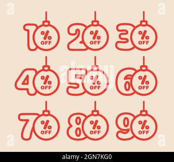 Set von Rabatt-Tags 10,20,30,40,50,60,70,80,90 Prozent Rabatt in Form von Weihnachtskugeln in traditionellen Farben. Sonderangebot für Winterurlaub. Vect Stock Vektor