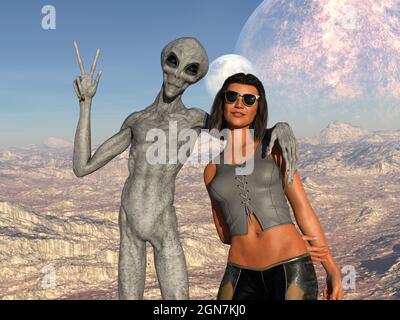 3d-Darstellung einer schönen Frau und eines glücklichen grauen Aliens im Urlaub im Vordergrund mit unwegsamem Gelände und einem aufsteigenden Mond im Hintergrund. Stockfoto