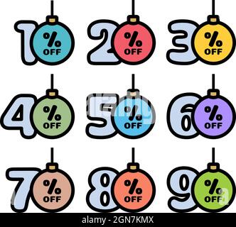 Set von Rabatt-Tags 10,20,30,40,50,60,70,80,90 Prozent Rabatt in Form von Weihnachtskugeln in traditionellen Farben. Sonderangebot für Winterurlaub. Vect Stock Vektor