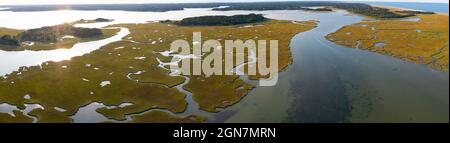 Kanäle schlängeln sich durch ein Salzgesumpf in Pleasant Bay, Cape Cod, Massachusetts. Diese Art von Feuchtgebiet Lebensraum ist lebenswichtige Futterplätze für Wildtiere. Stockfoto