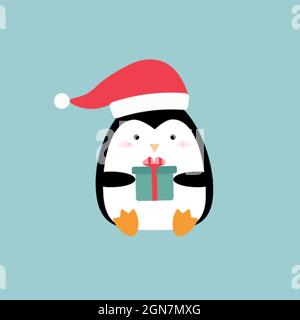 Niedliche Cartoon Weihnachten Pinguin mit einer Geschenkbox Stock Vektor