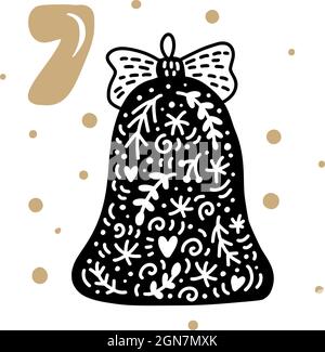 Adventskalender mit niedlichen skandinavischen handgezeichneten Vektor. Vierundzwanzig Tage vor Weihnachten. Siebter Tag. Winter-Illustration von Bell Stock Vektor