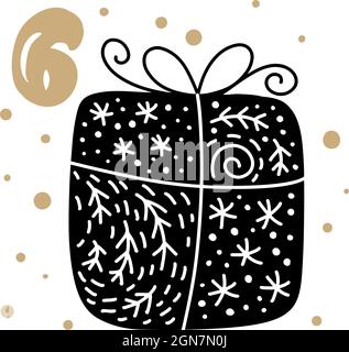 Adventskalender mit niedlichen skandinavischen handgezeichneten Vektor. 24 Tage vor Weihnachten. Sechster Tag. Winter-Illustration des Geschenks Stock Vektor