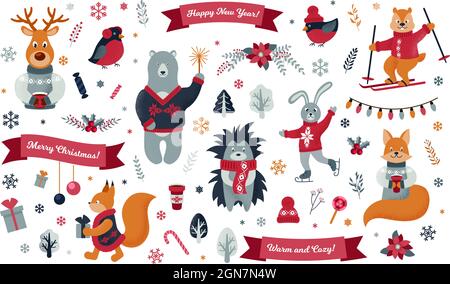 Set von niedlichen Weihnachten Waldtiere. Vektorgrafik Stock Vektor