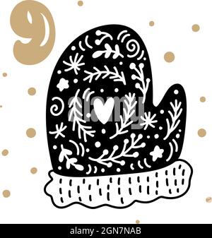Adventskalender mit niedlichen skandinavischen handgezeichneten Vektor. 24 Tage vor Ethno-Weihnachten. Neunter Tag. Winter-Illustration von nordic Mitten Stock Vektor