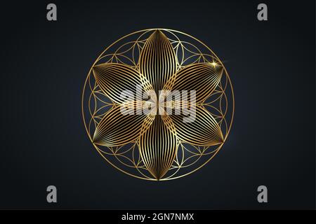 Blume des Lebens, Gold spirituelles Mandala, Heilige Geometrie. Leuchtendes goldenes Symbol für Harmonie und Balance. Mystischer Talisman, Luxus rund Vektor isoliert Stock Vektor