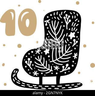 Adventskalender mit niedlichen skandinavischen handgezeichneten Vektor. 24 Tage vor Ethno-Weihnachten. Zehnter Tag. Winterdarstellung des nordischen Skates Stock Vektor