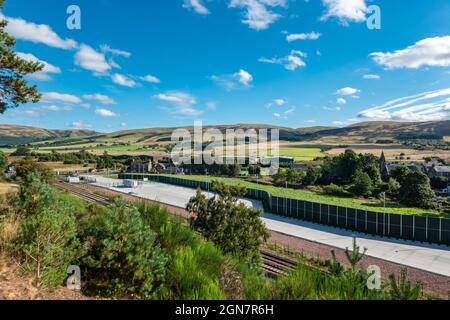 Blackford Rail Freight Facility für Highland Spring in Blackford Perth & Kinross Scotland UK von der Nordseite der Anlage aus gesehen Stockfoto