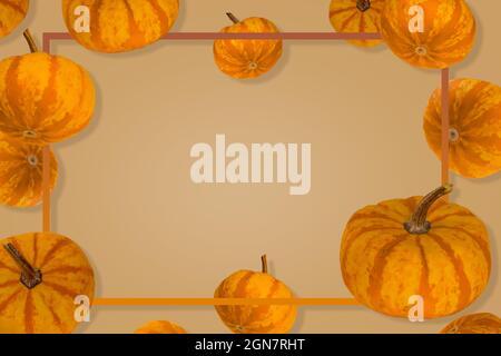 Kürbisse schweben in der Luft mit Rahmen auf beigem Hintergrund, Weihnachtsdekoration. Halloween oder Thanksgiving Konzept Hintergrund. Speicherplatz kopieren. Stockfoto