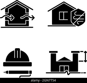 Standards für den Wohnungsbau schwarze Glyphen-Symbole auf weißem Raum gesetzt Stock Vektor