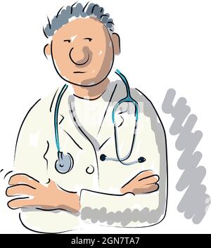 Lustige Vektor-Illustration des medizinischen Personals Charakter. Professioneller Arzt. Abbildung isoliert auf weißem Hintergrund. Stock Vektor