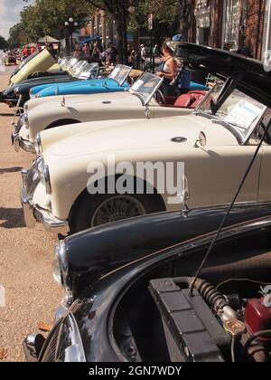 Die jährliche Automobilausstellung „Brits on the Beach“ in Ocean Grove, New Jersey, zieht zahlreiche restaurierte und klassische britische Autos an. Stockfoto