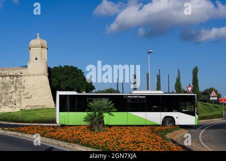 Valletta, Malta Öffentliche Verkehrsmittel Bus ab Terminal. Grüner und weißer Dieselbus, der an einem sonnigen Tag von der zentralen Bushaltestelle von Valletta neben der Stadtmauer abfährt. Stockfoto