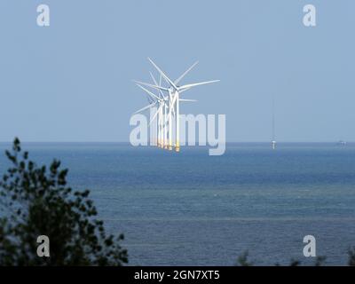 Minster on Sea, Kent, Großbritannien. September 2021. Windturbinen vom Windpark Kentish Flats in der Themse-Mündung aus Sicht von Minster on Sea, Kent, heute Nachmittag. Das Vereinigte Königreich steht vor einer Energiekrise im Winter, die zum Teil auf die weniger als erwarteten Winde in diesem Jahr zurückzuführen ist. Kredit: James Bell/Alamy Live Nachrichten Stockfoto