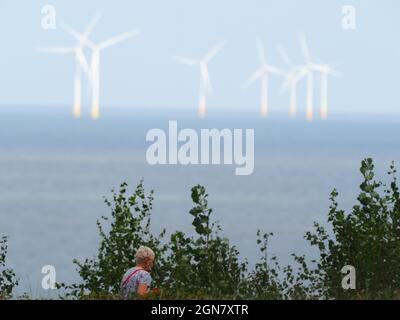 Minster on Sea, Kent, Großbritannien. September 2021. Windturbinen vom Windpark Kentish Flats in der Themse-Mündung aus Sicht von Minster on Sea, Kent, heute Nachmittag. Das Vereinigte Königreich steht vor einer Energiekrise im Winter, die zum Teil auf die weniger als erwarteten Winde in diesem Jahr zurückzuführen ist. Kredit: James Bell/Alamy Live Nachrichten Stockfoto