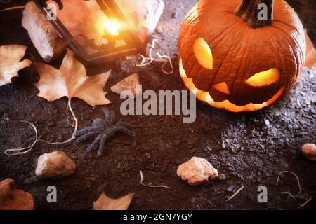 Halloween mit geschnitztem und beleuchtetem Kürbis mit Spinnen bei Nacht in Waldblau. Erhöhte Ansicht. Horizontale Zusammensetzung. Stockfoto