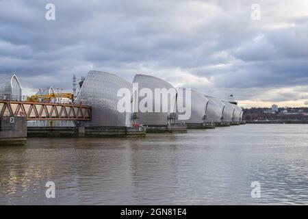 Thames Barrier, Greenwich, Blick tagsüber. London, Großbritannien 2021. Stockfoto