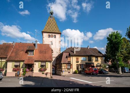 Bergheim an der elsässischen Weinstrasse , Elsass, Haut-Rhin, Grand Est, Frankreich Stockfoto