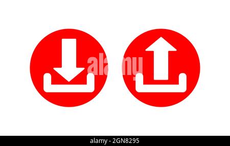 Upload- und Download-Symbol auf weißem Hintergrund isoliert, rotes Download-Symbol Stock Vektor