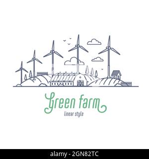 Green Farm Konzept dünne Linie Vektor Illustration. Windmühlenenergie als alternative Stromressource. Vektorgrafik für Umrissstil auf Weiß Stock Vektor